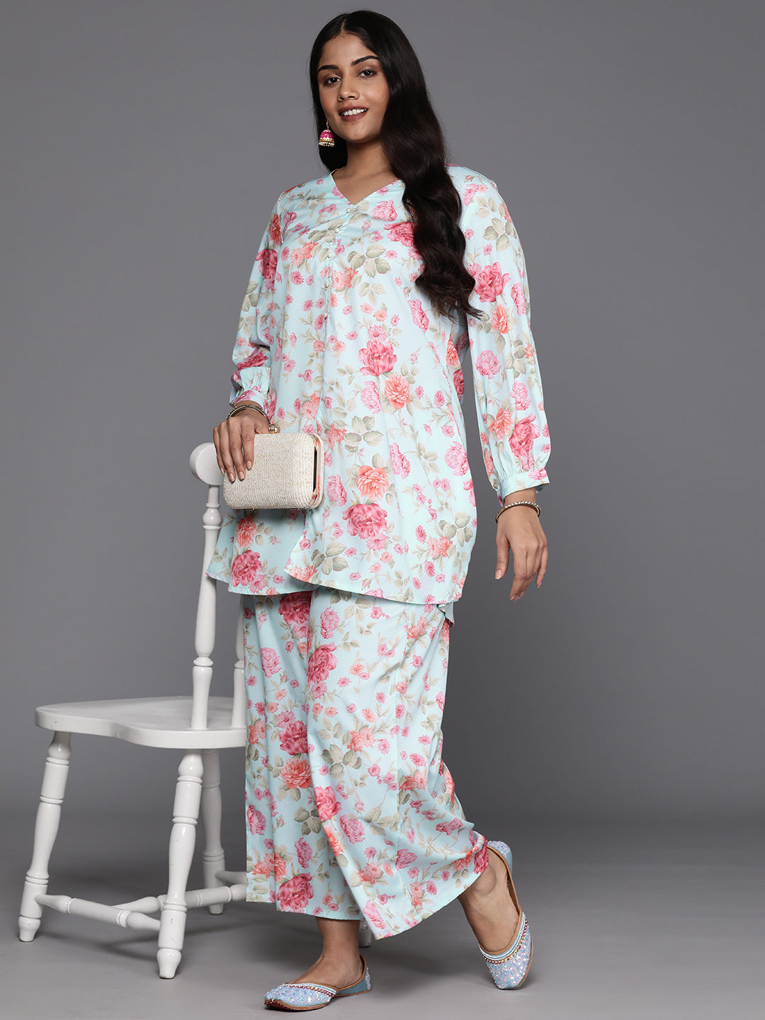 Turquoise Blue Plus Size Floral Printed Kurti with Palazzos