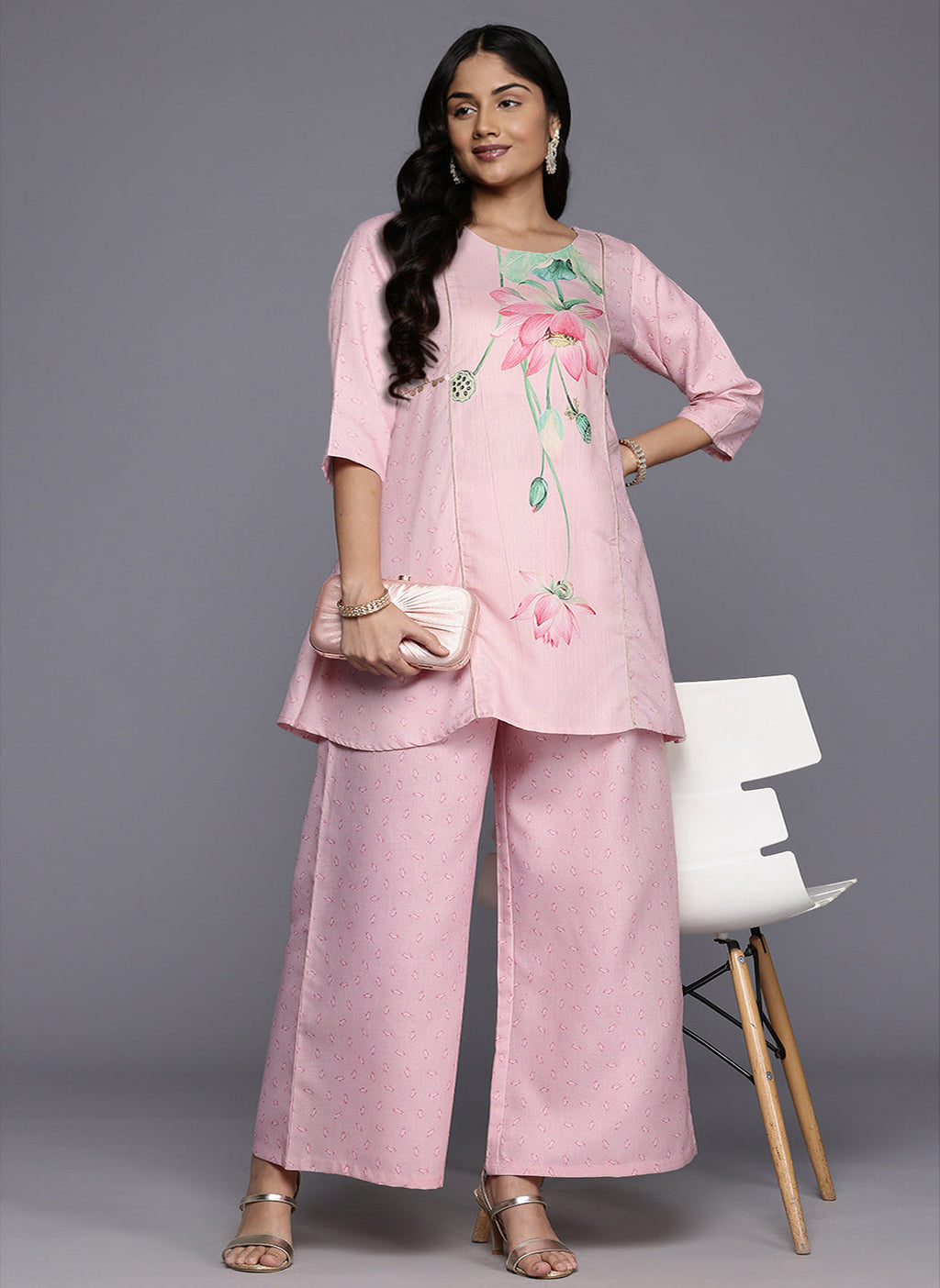 A PLUS BY AHALYAA Floral Printed Sequined Detailed Tunic With Palazzo Co-Ords-AH
