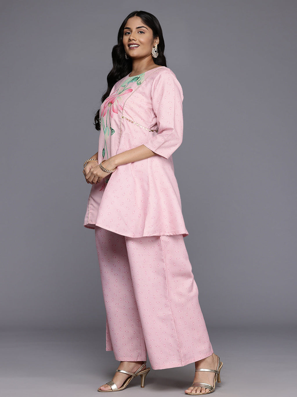 A PLUS BY AHALYAA Floral Printed Sequined Detailed Tunic With Palazzo Co-Ords-AH