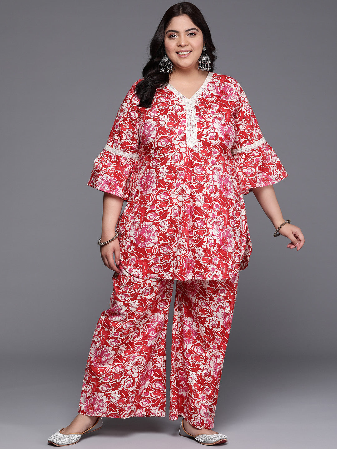 Plus Size Floral Printed Pure Cotton Co-Ords