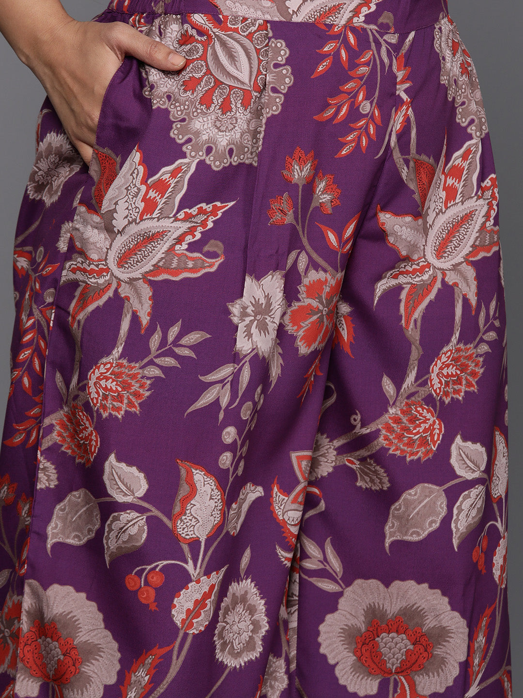 Purple Plus Size Floral Printed Gotta Patti Kurti with Palazzos