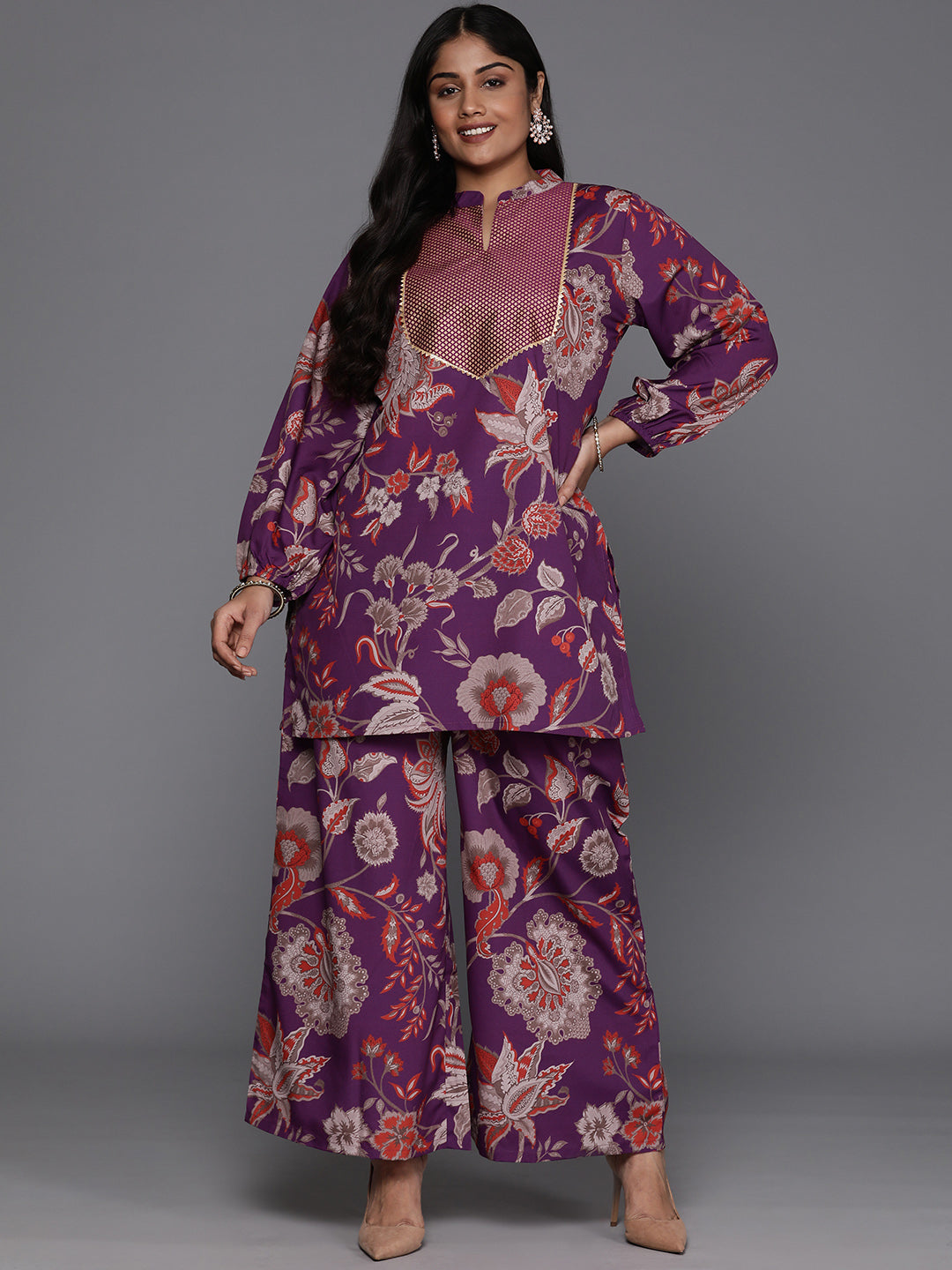 Purple Plus Size Floral Printed Gotta Patti Kurti with Palazzos