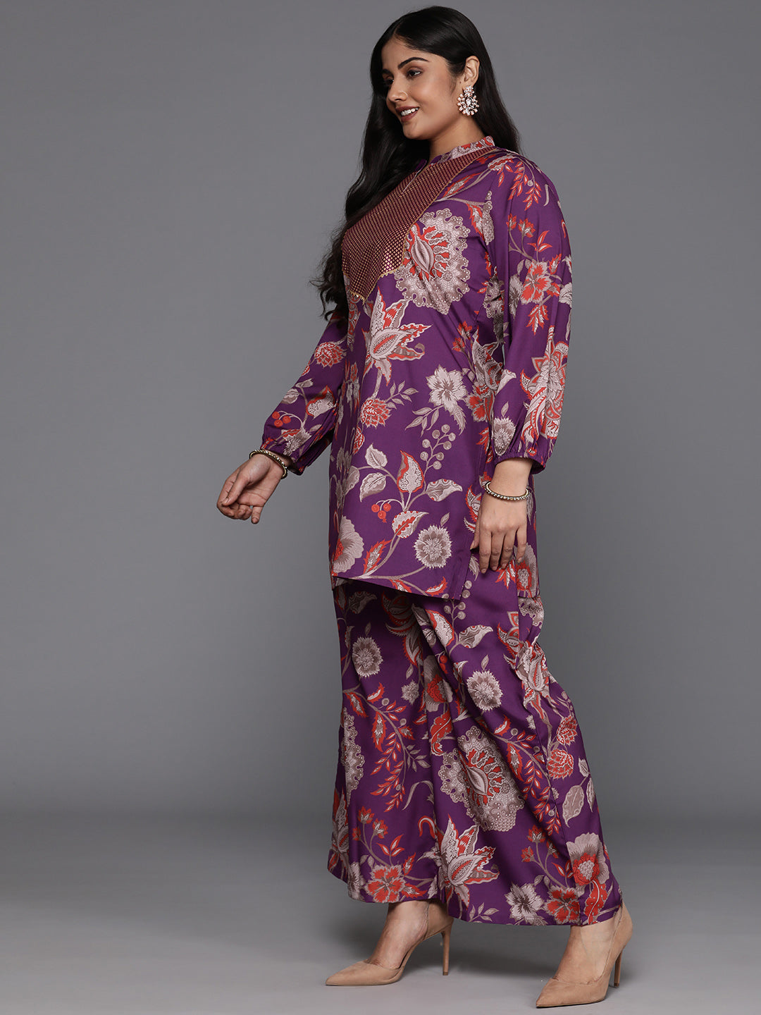 Purple Plus Size Floral Printed Gotta Patti Kurti with Palazzos