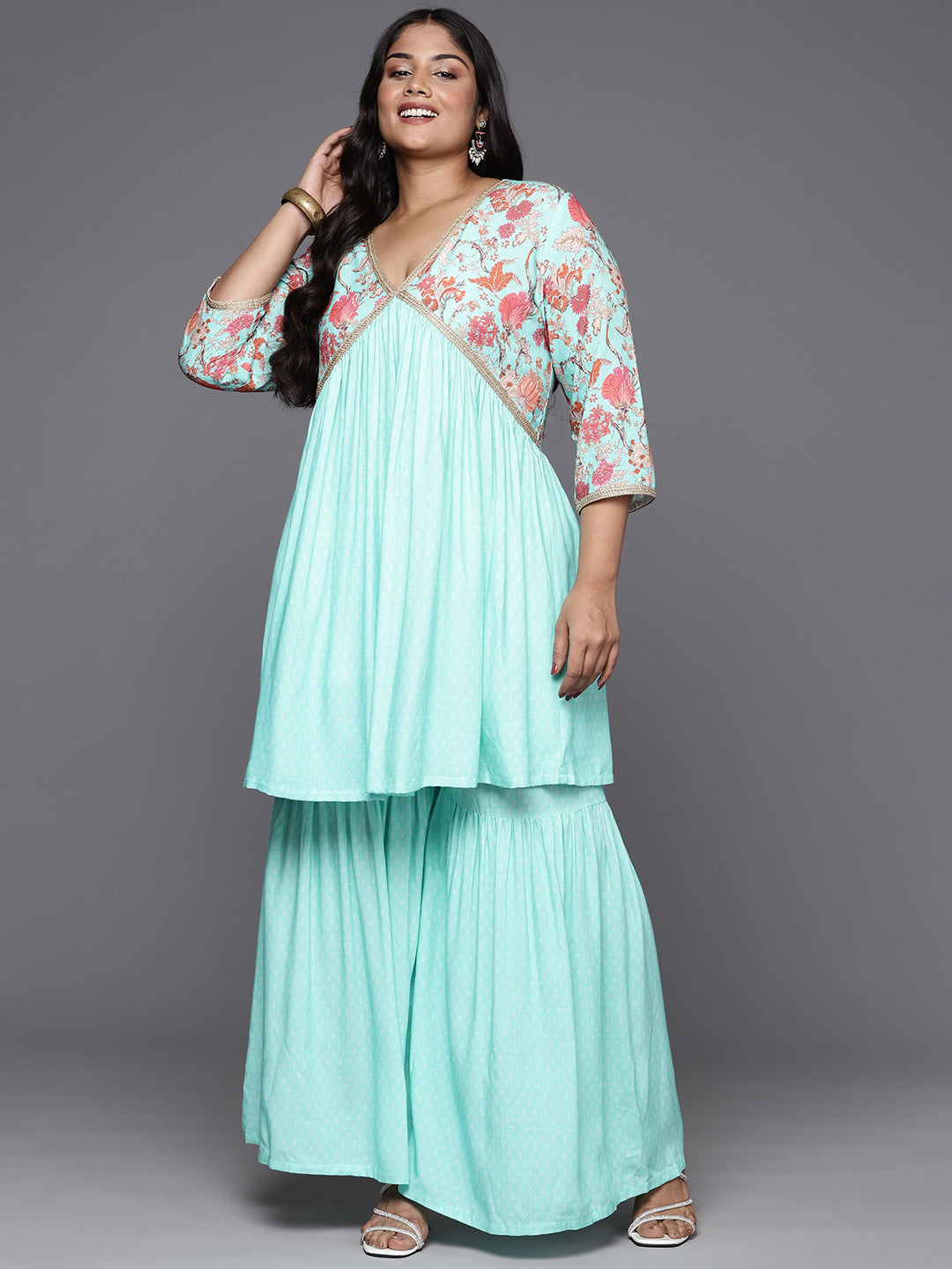 Plus Size Printed Zari Empire Kurti with Sharara