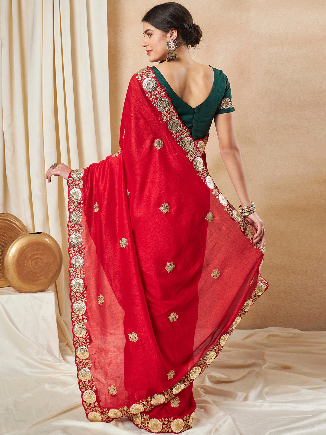 Vichitra Silk Red Embellished Designer Saree With Blouse