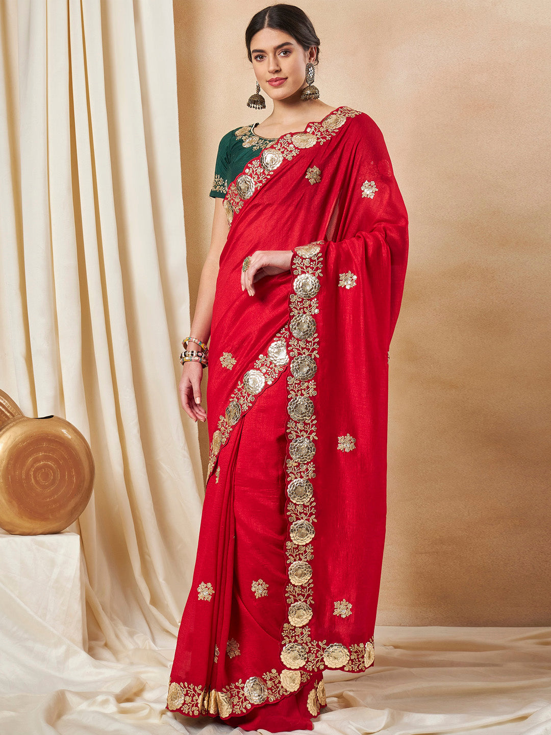 Vichitra Silk Red Embellished Designer Saree With Blouse