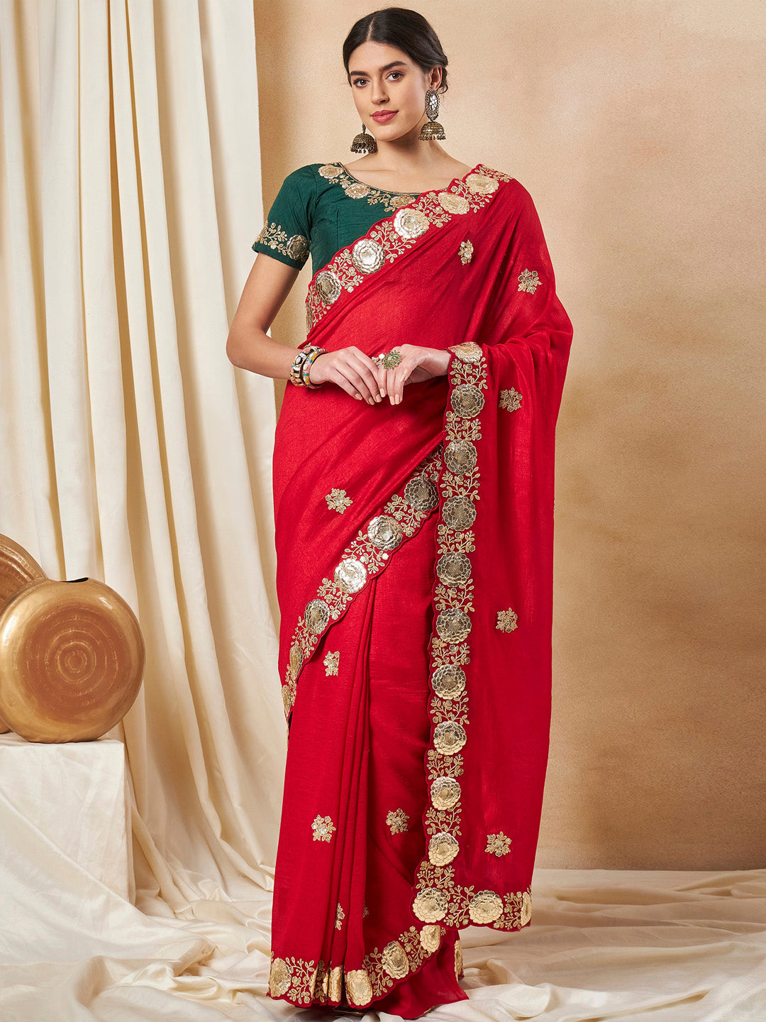 Vichitra Silk Red Embellished Designer Saree With Blouse