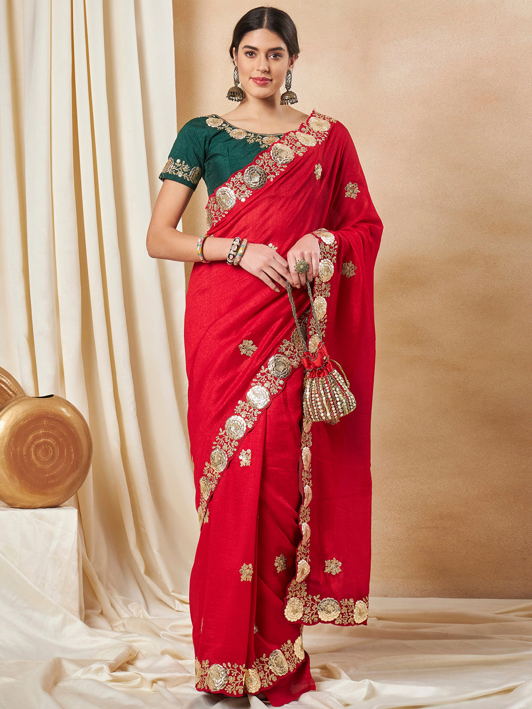 Vichitra Silk Red Embellished Designer Saree With Blouse