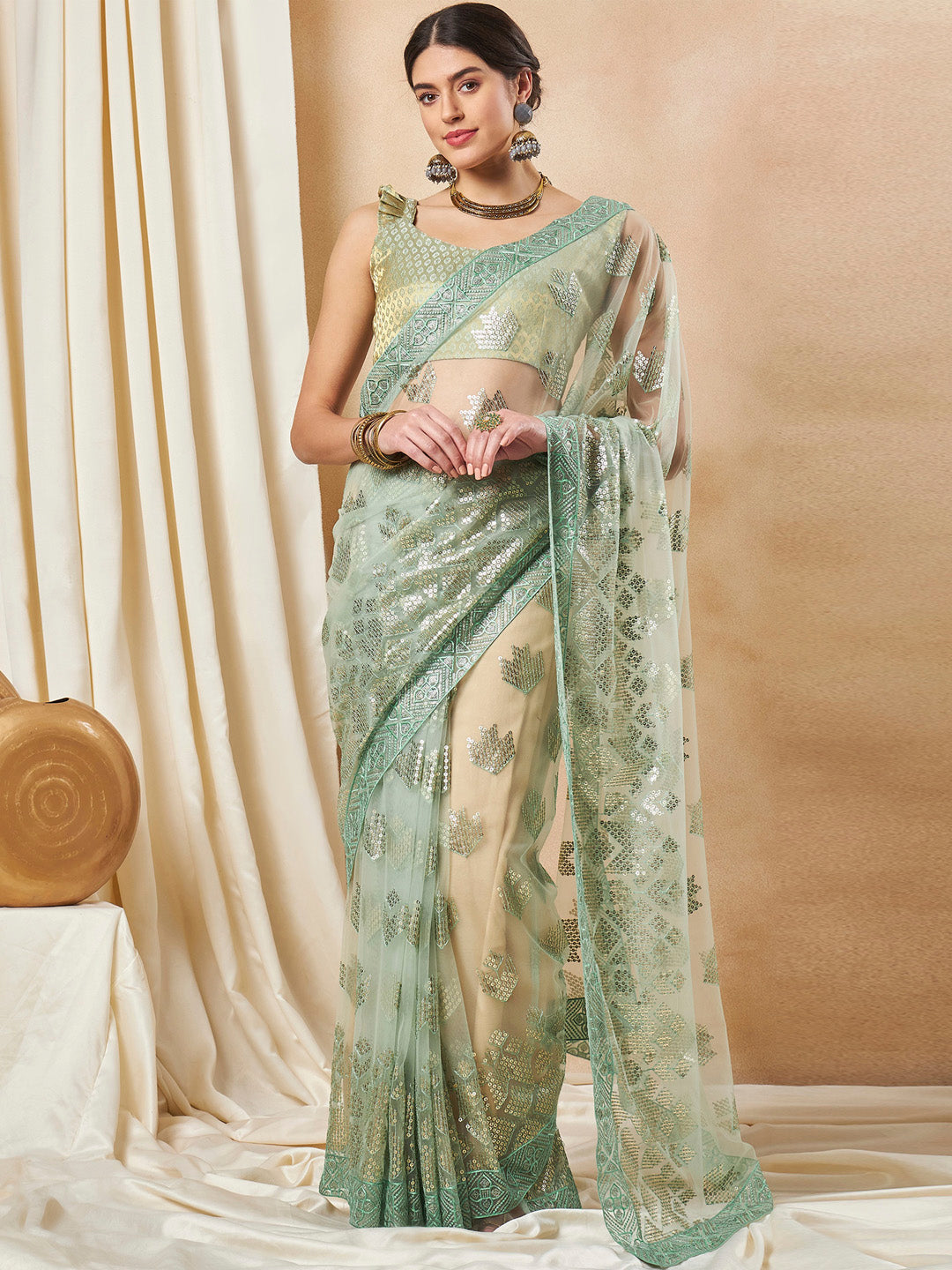 Net Light Green Embellished Designer Saree With Blouse