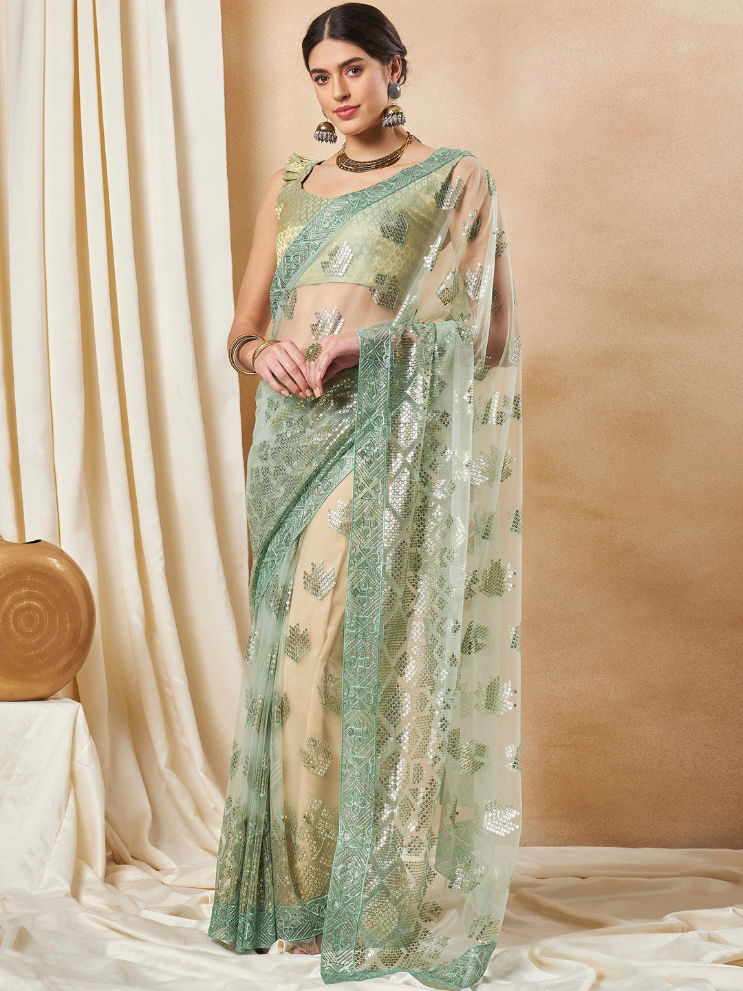 Net Light Green Embellished Designer Saree With Blouse