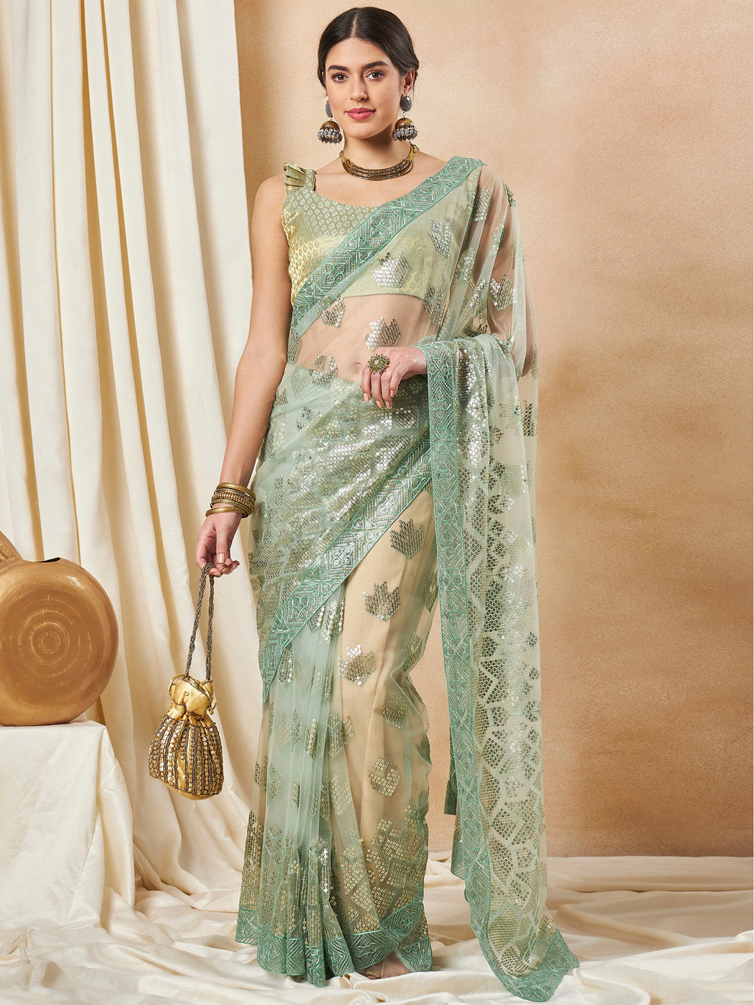 Net Light Green Embellished Designer Saree With Blouse