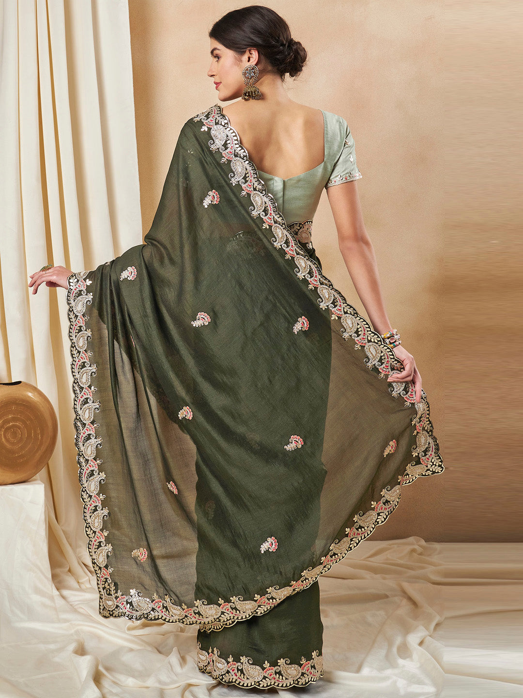 Silk Blend Olive Embellished Designer Saree With Blouse