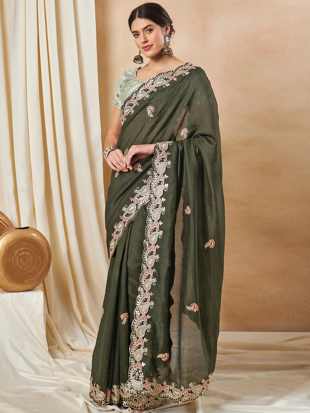 Silk Blend Olive Embellished Designer Saree With Blouse