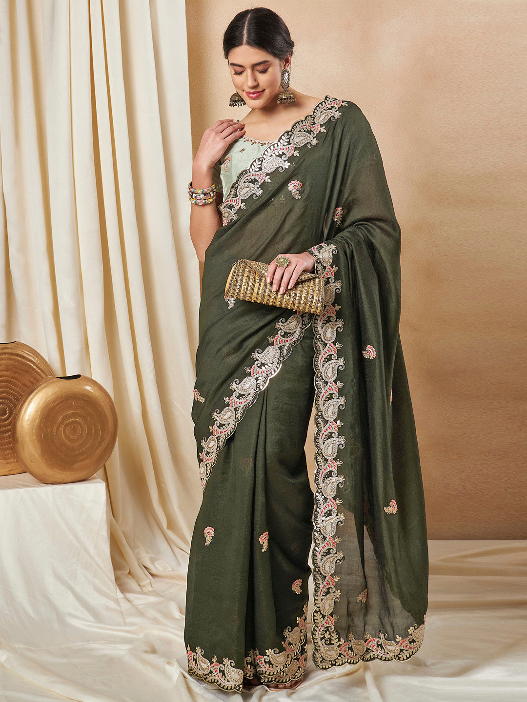 Silk Blend Olive Embellished Designer Saree With Blouse