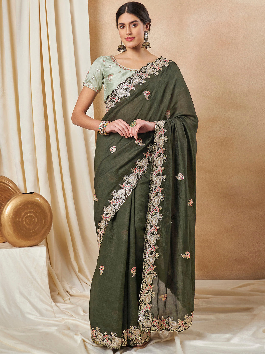 Silk Blend Olive Embellished Designer Saree With Blouse