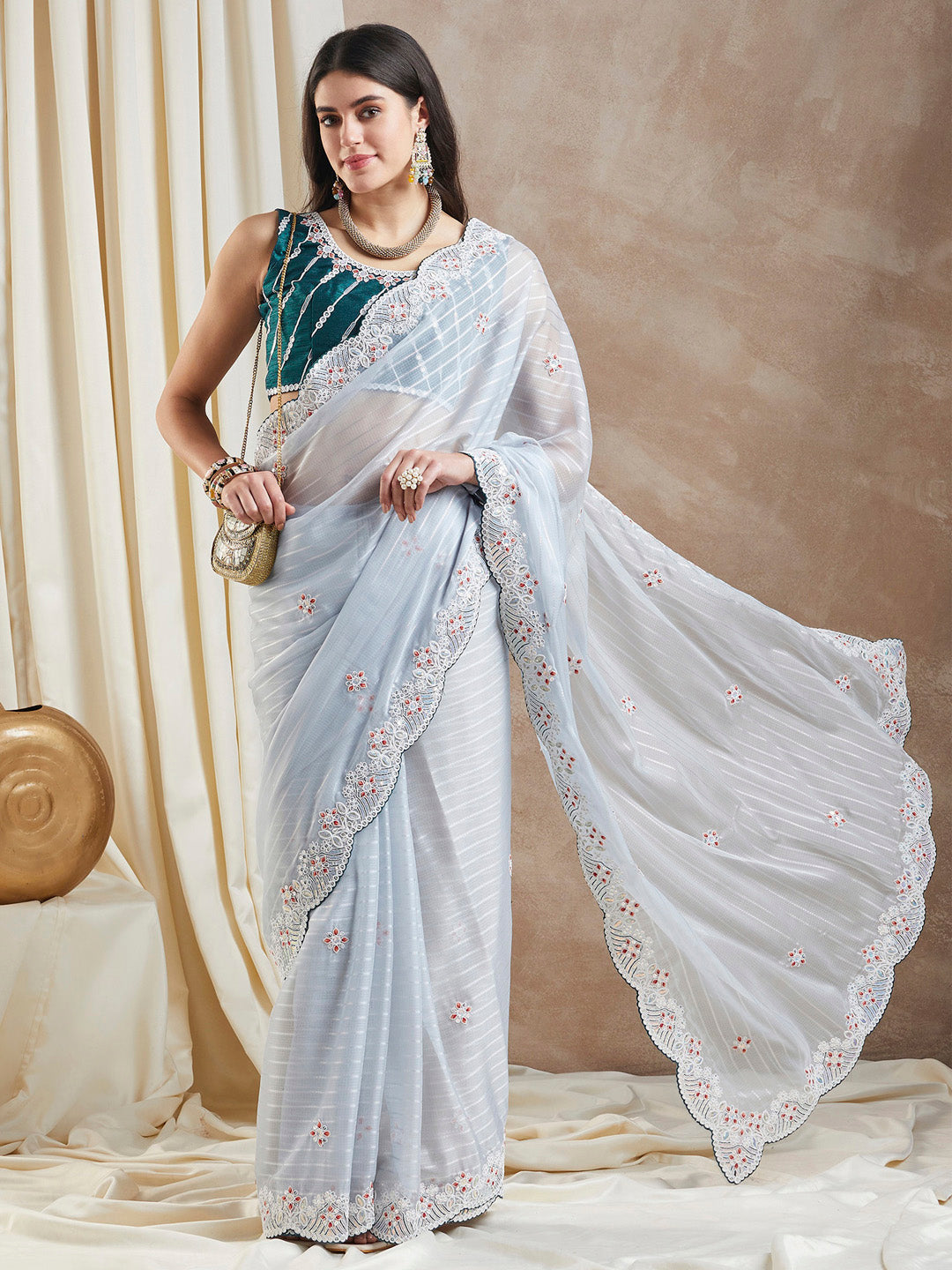 Georgette Grey Embellished Designer Saree With Blouse