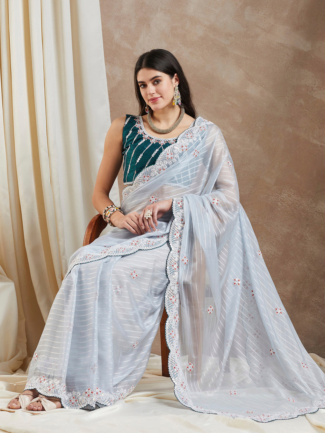 Georgette Grey Embellished Designer Saree With Blouse