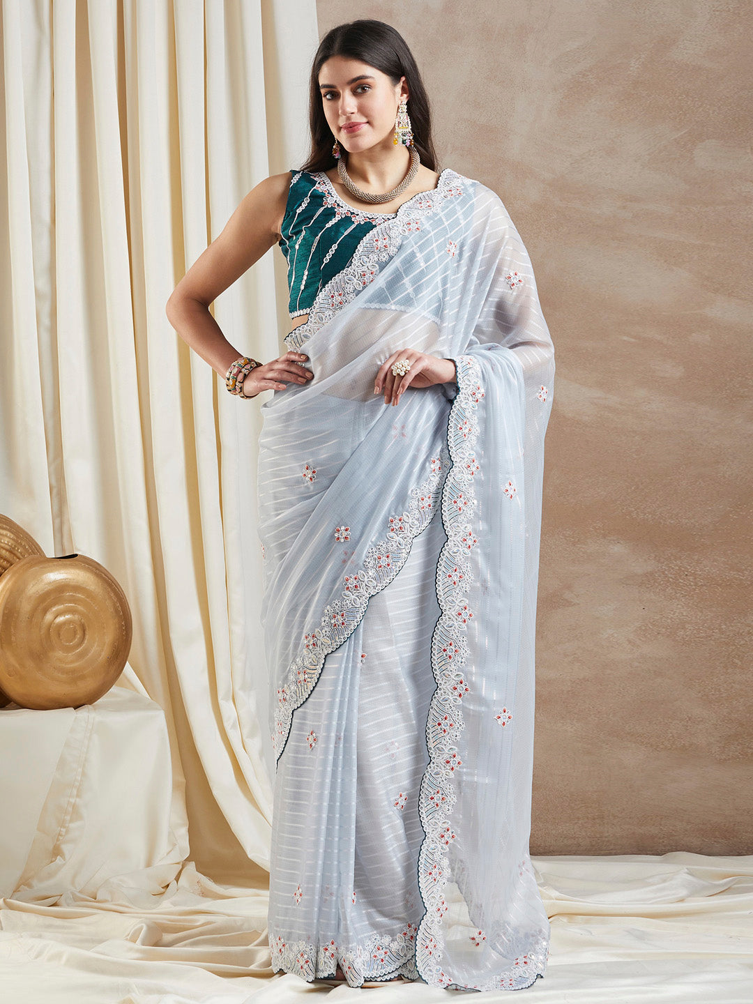 Georgette Grey Embellished Designer Saree With Blouse