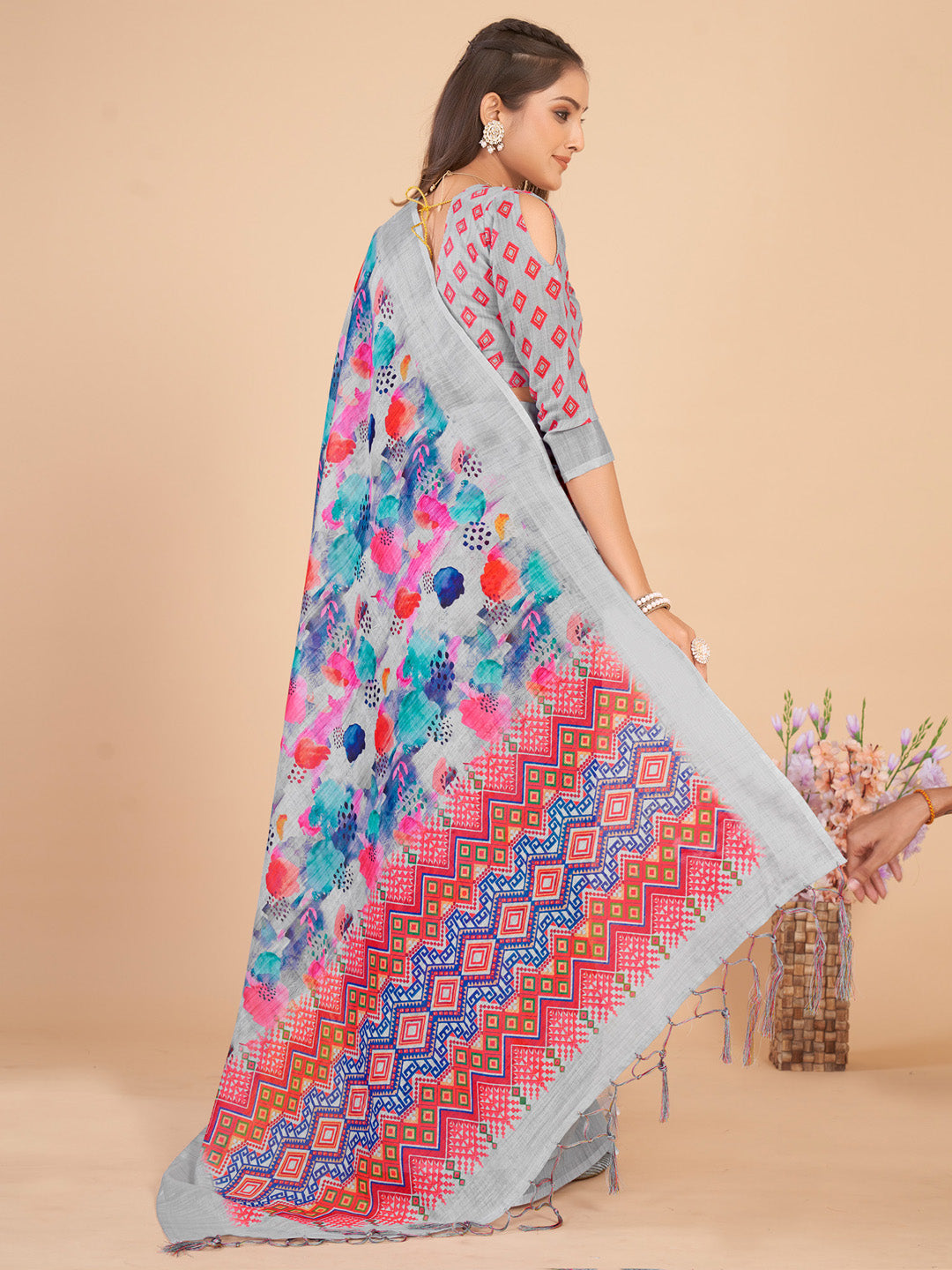 Linen Blend Grey Printed Designer Saree With Blouse
