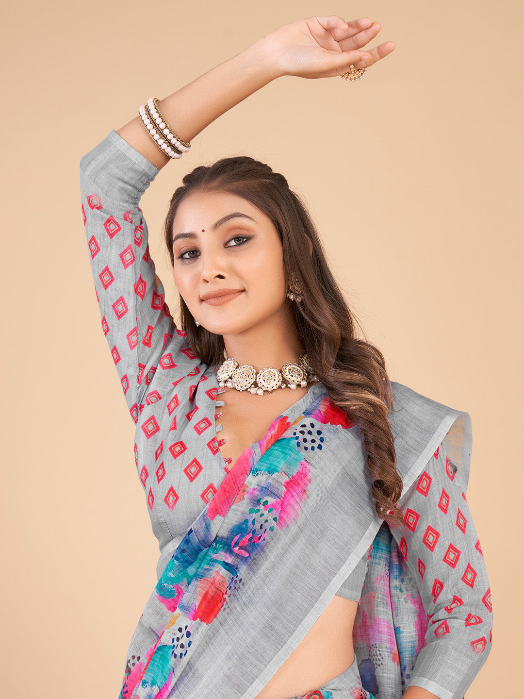 Linen Blend Grey Printed Designer Saree With Blouse