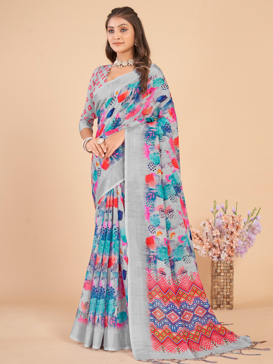 Linen Blend Grey Printed Designer Saree With Blouse