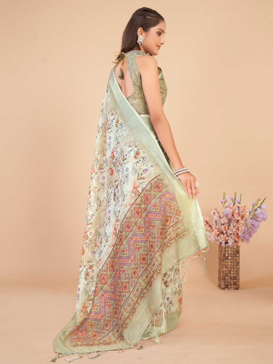 Linen Blend Light Green Printed Designer Saree With Blouse