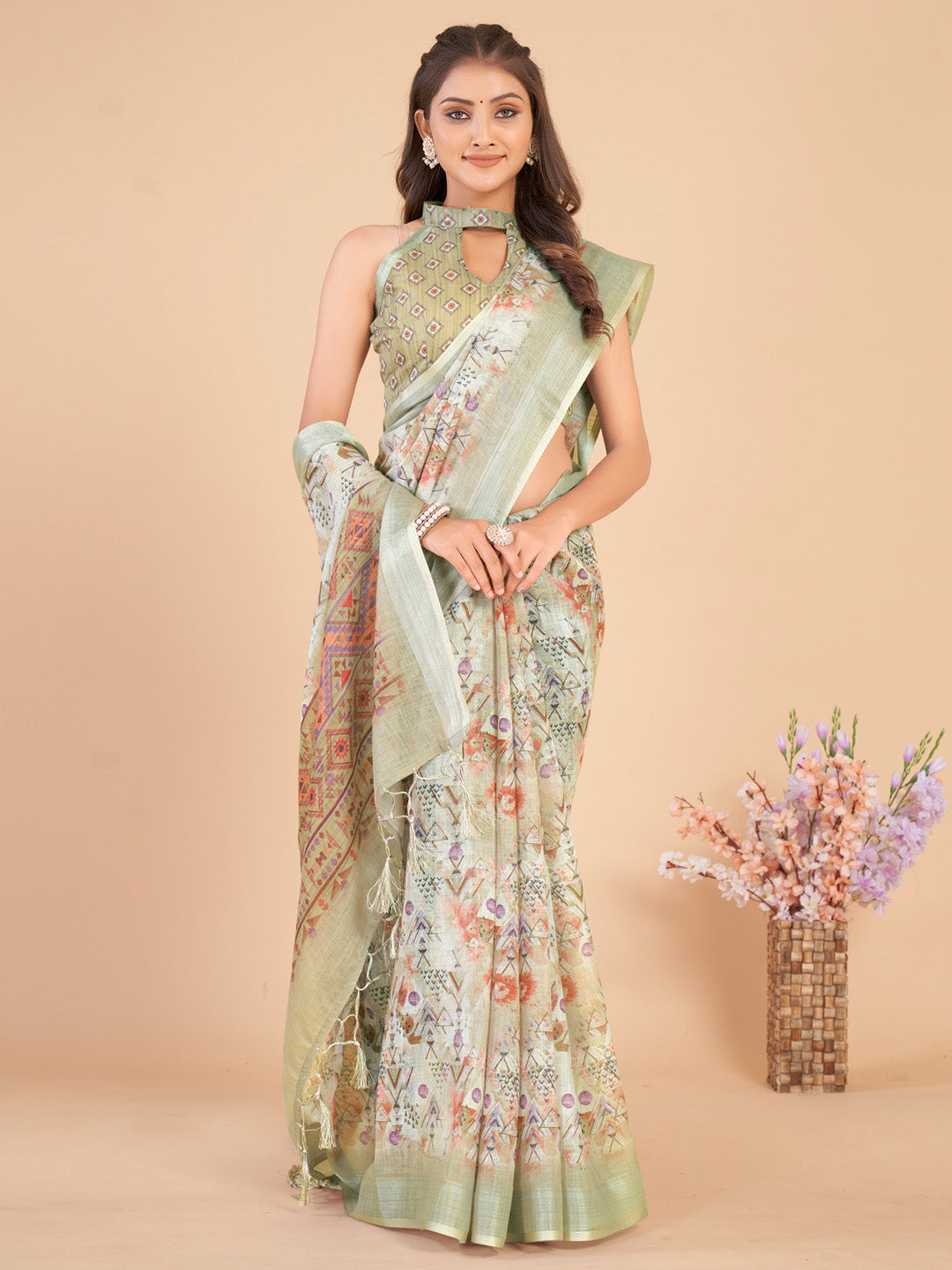 Linen Blend Light Green Printed Designer Saree With Blouse