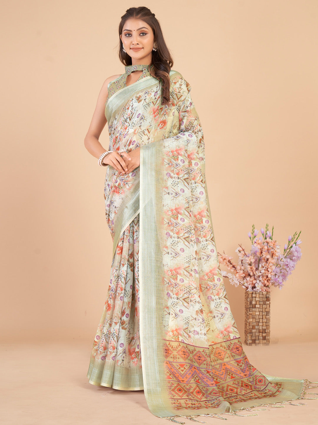 Linen Blend Light Green Printed Designer Saree With Blouse