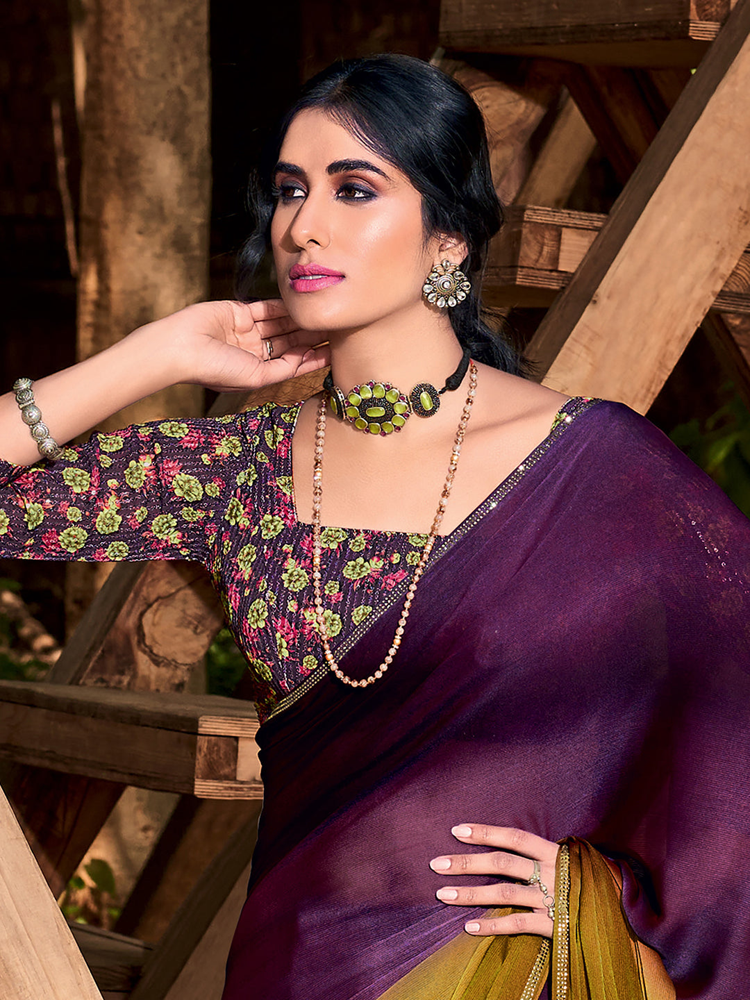 Chiffon Purple Embellished Celebrity Saree With Blouse