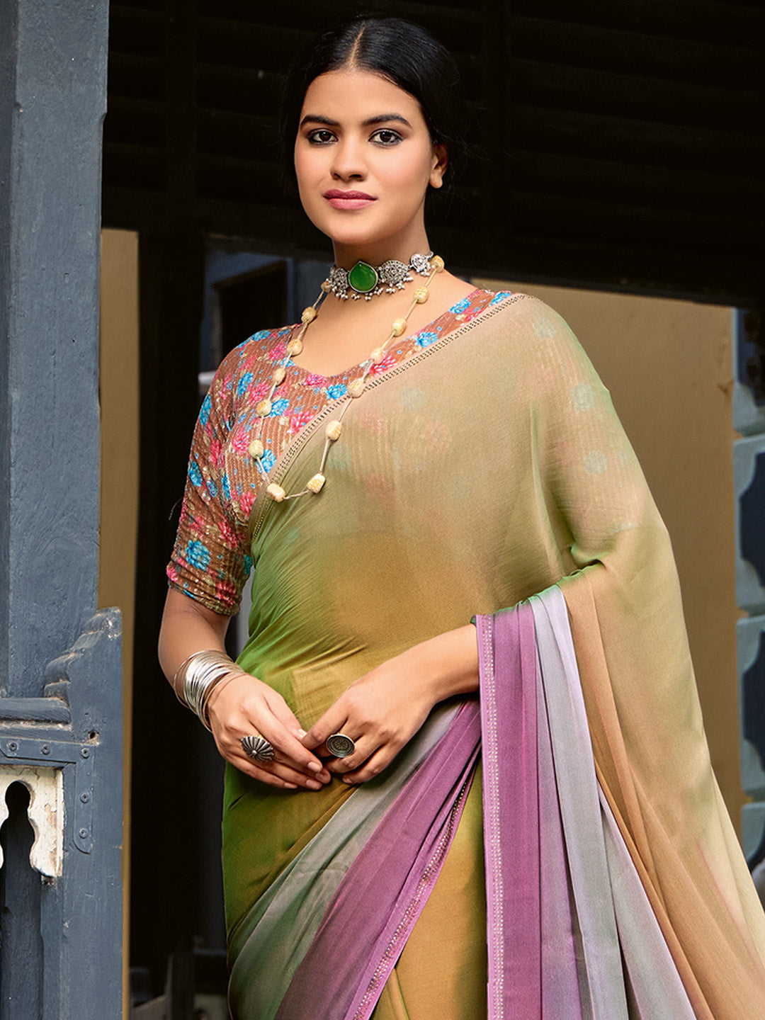 Chiffon Bronze Embellished Celebrity Saree With Blouse