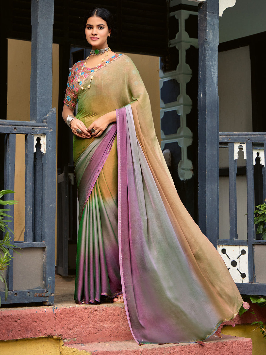 Chiffon Bronze Embellished Celebrity Saree With Blouse