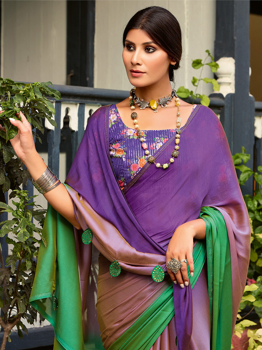 Chiffon Purple Embellished Celebrity Saree With Blouse