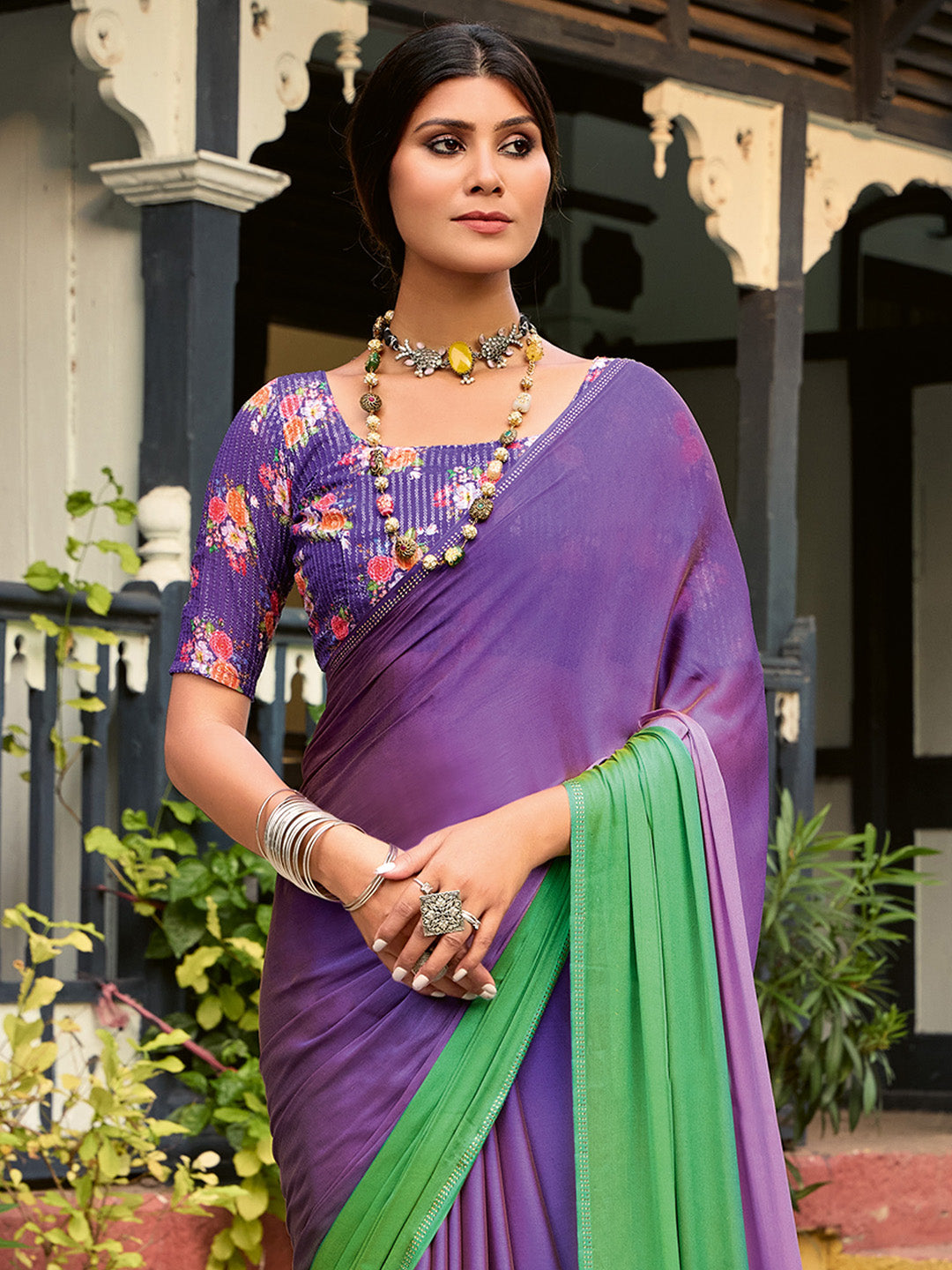 Chiffon Purple Embellished Celebrity Saree With Blouse