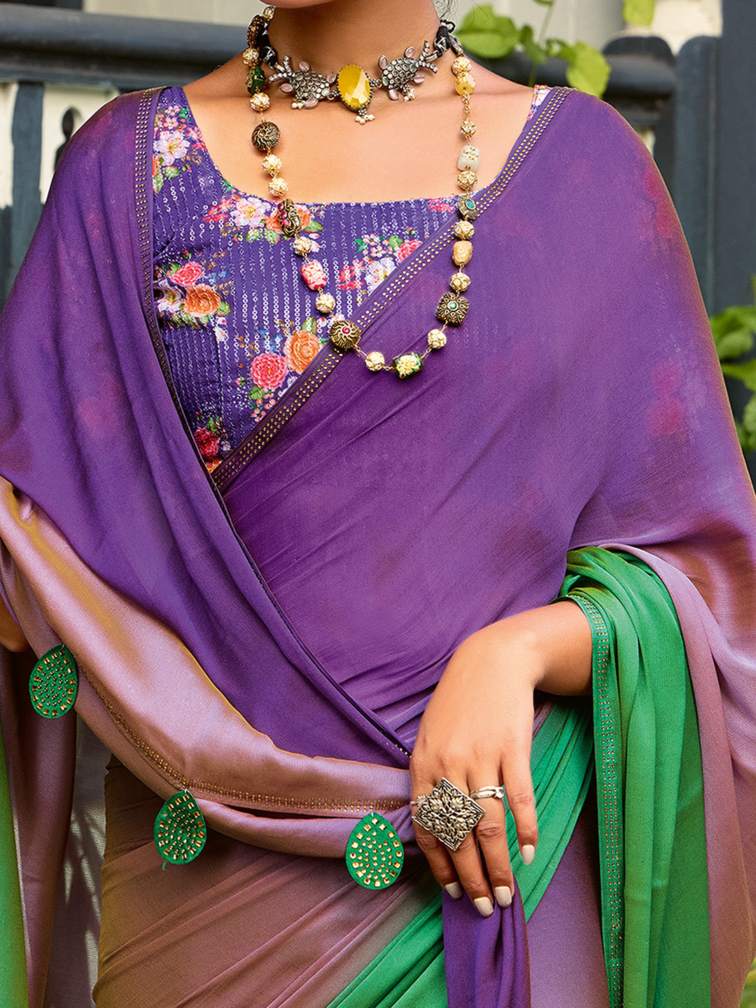 Chiffon Purple Embellished Celebrity Saree With Blouse