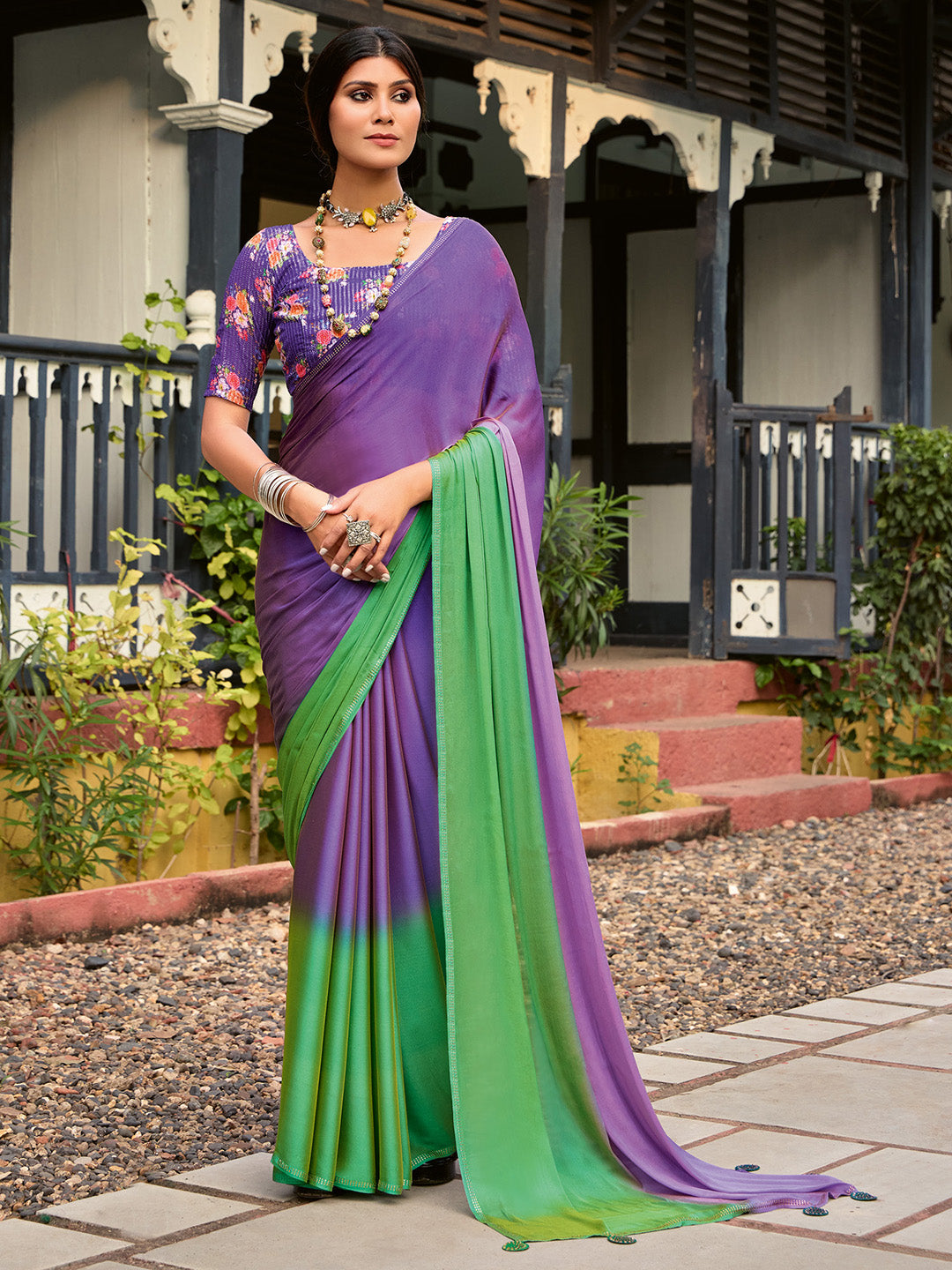 Chiffon Purple Embellished Celebrity Saree With Blouse