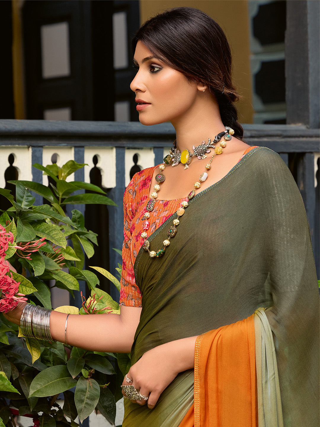 Chiffon Sea Green Embellished Celebrity Saree With Blouse