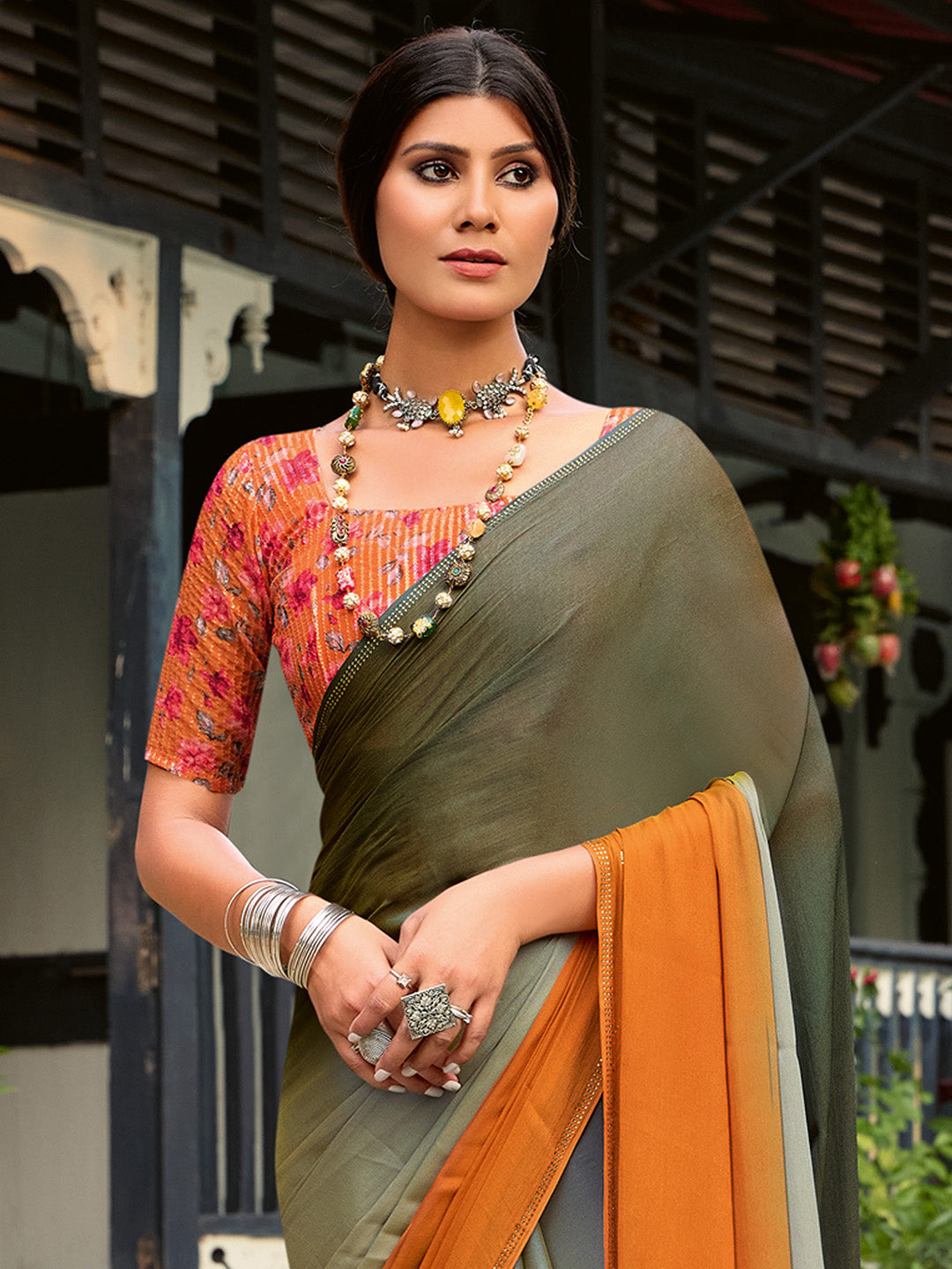 Chiffon Sea Green Embellished Celebrity Saree With Blouse