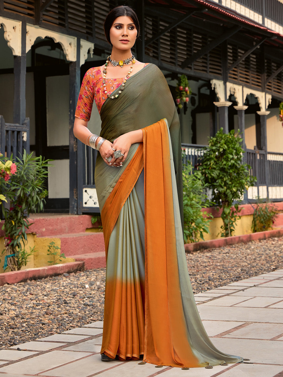 Chiffon Sea Green Embellished Celebrity Saree With Blouse