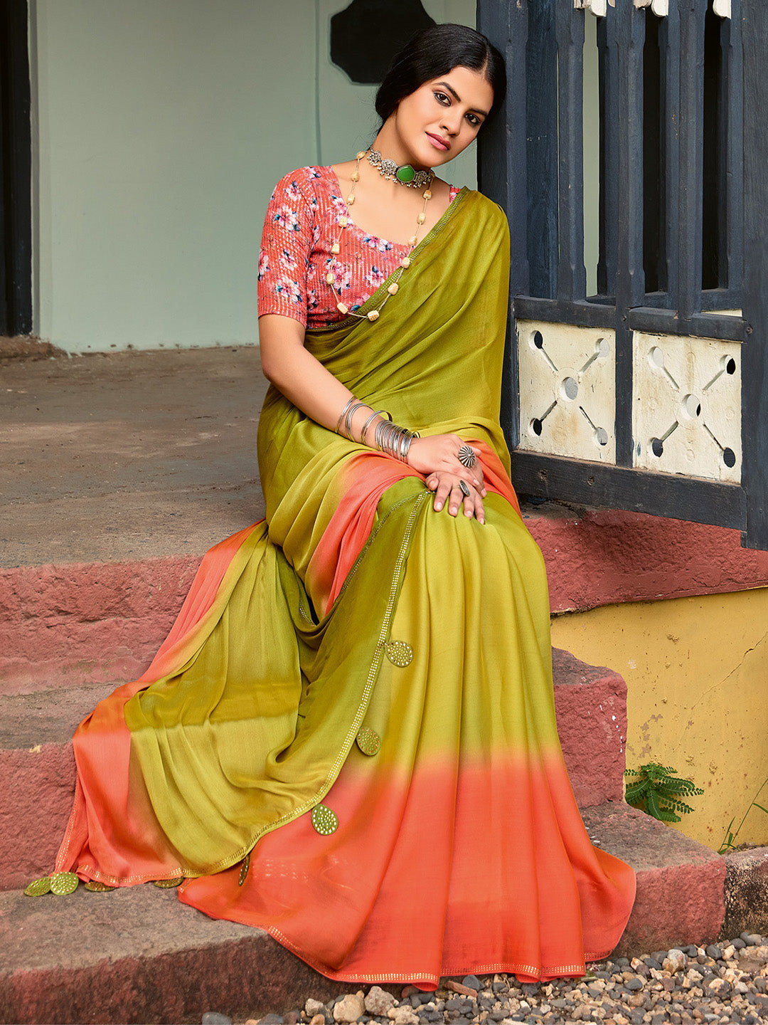 Chiffon Olive Embellished Celebrity Saree With Blouse