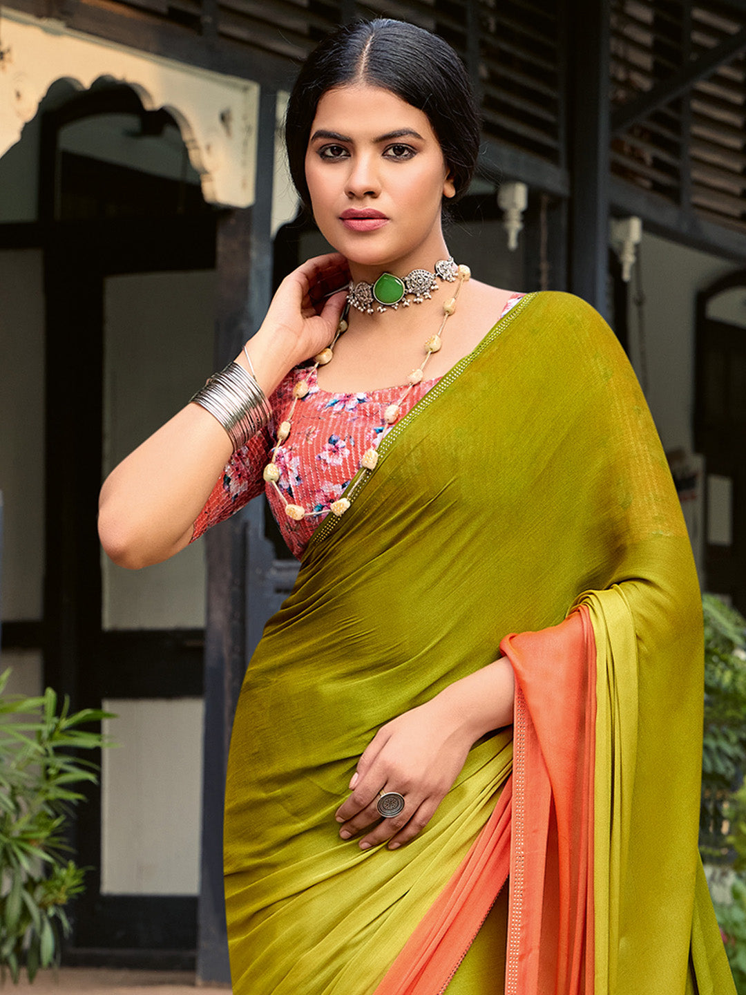 Chiffon Olive Embellished Celebrity Saree With Blouse