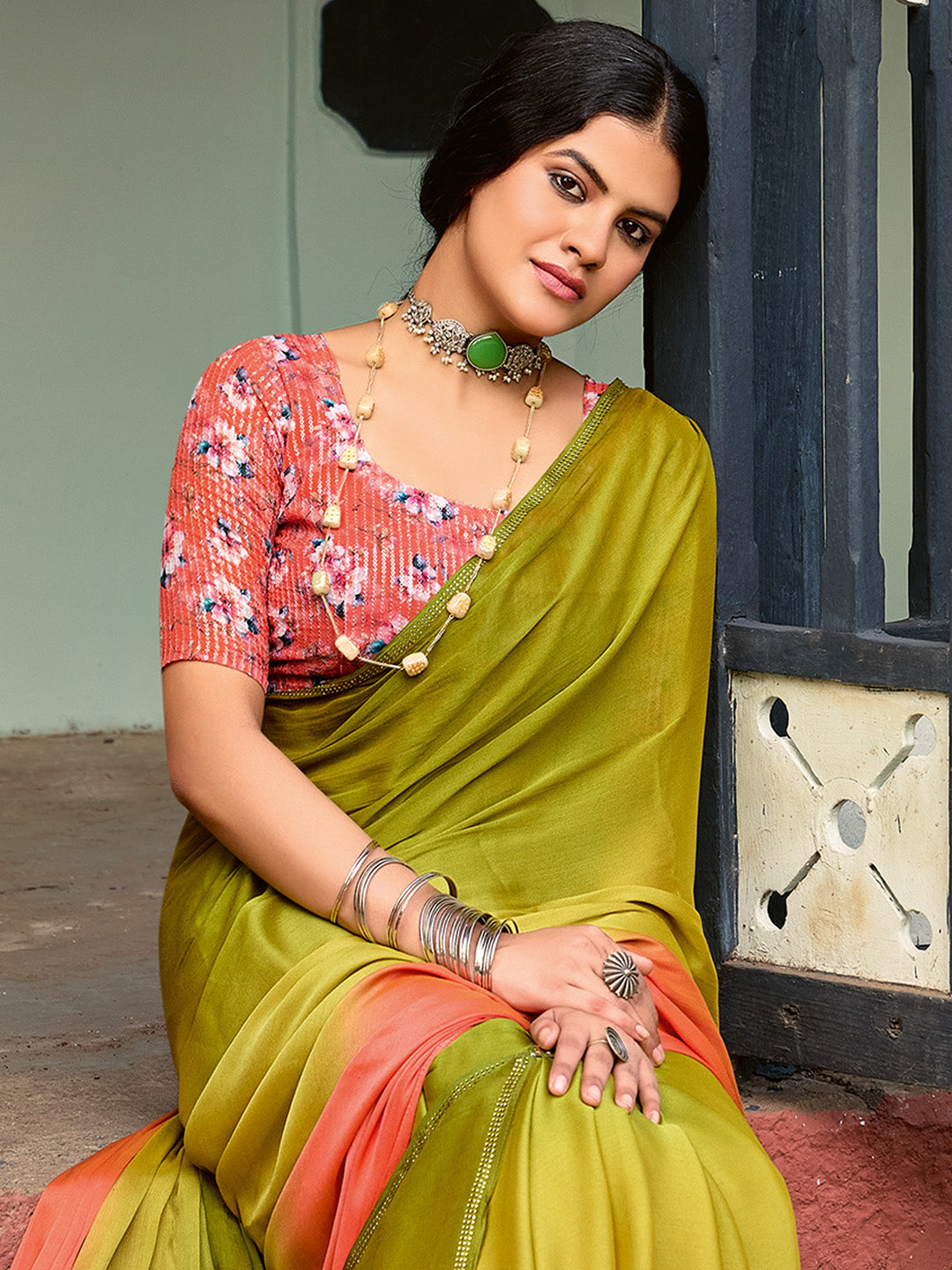 Chiffon Olive Embellished Celebrity Saree With Blouse