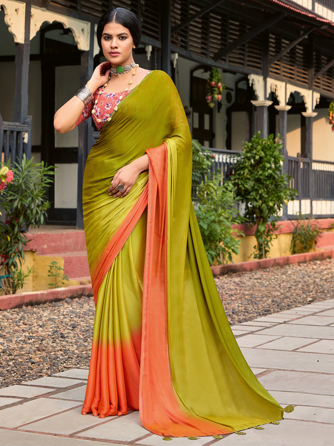 Chiffon Olive Embellished Celebrity Saree With Blouse