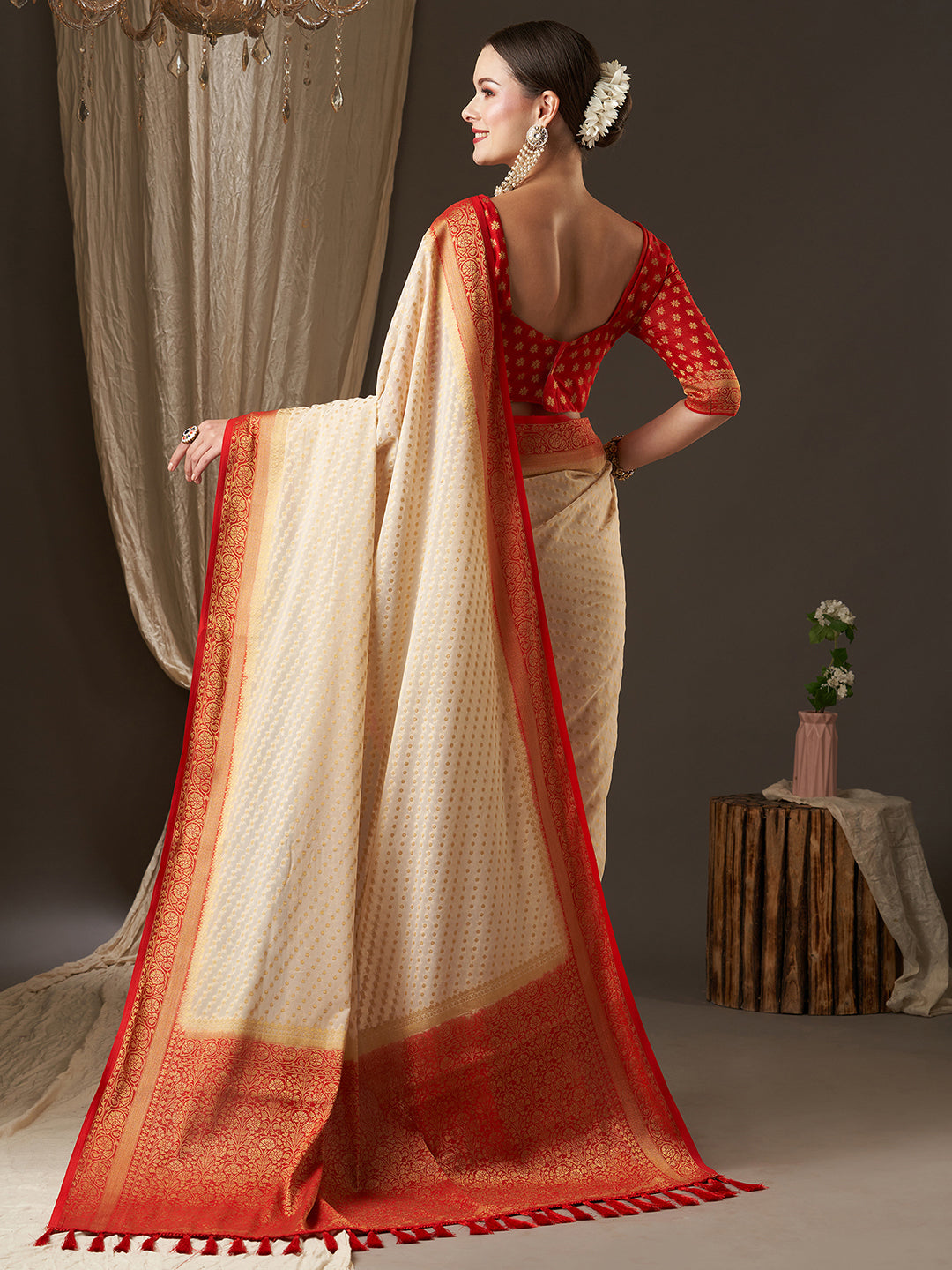 Georgette Off White Woven Design Designer Saree With Blouse
