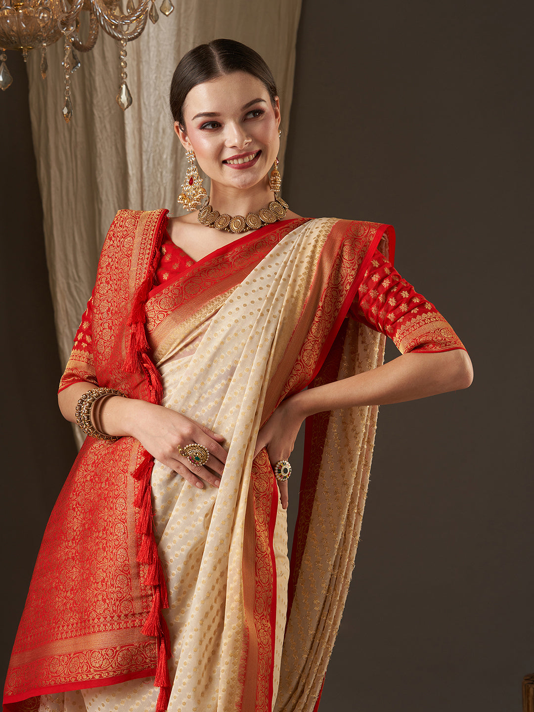 Georgette Off White Woven Design Designer Saree With Blouse
