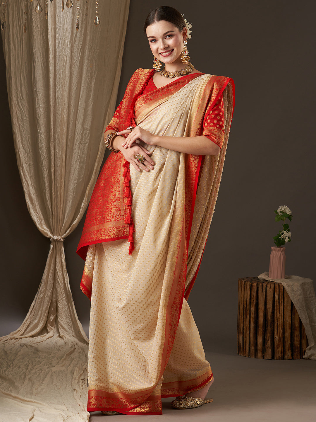 Georgette Off White Woven Design Designer Saree With Blouse