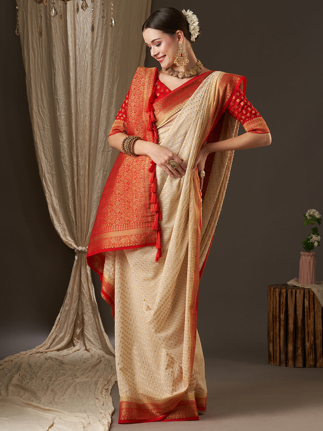 Georgette Off White Woven Design Designer Saree With Blouse