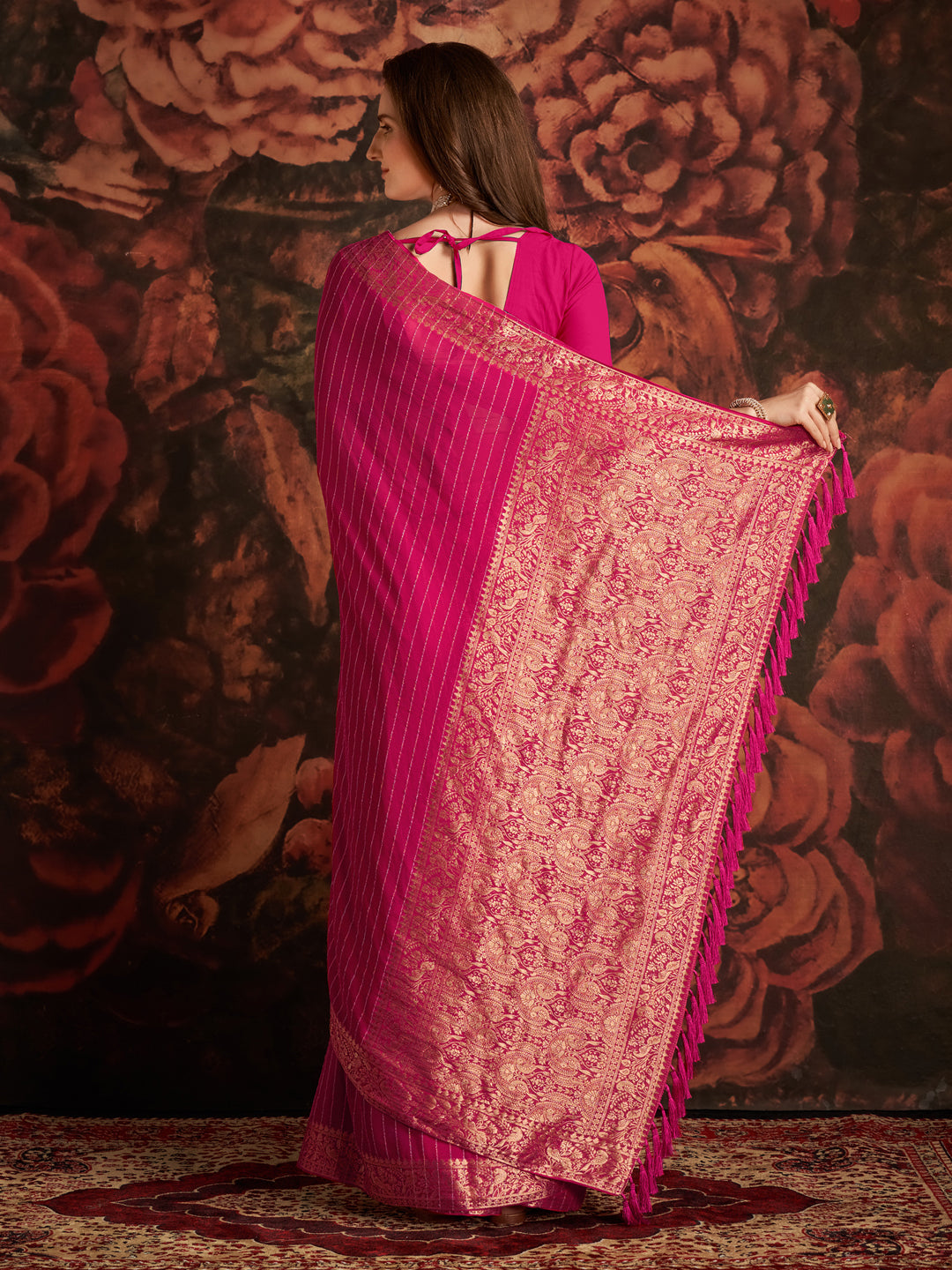 Georgette Pink Woven Design Designer Saree With Blouse