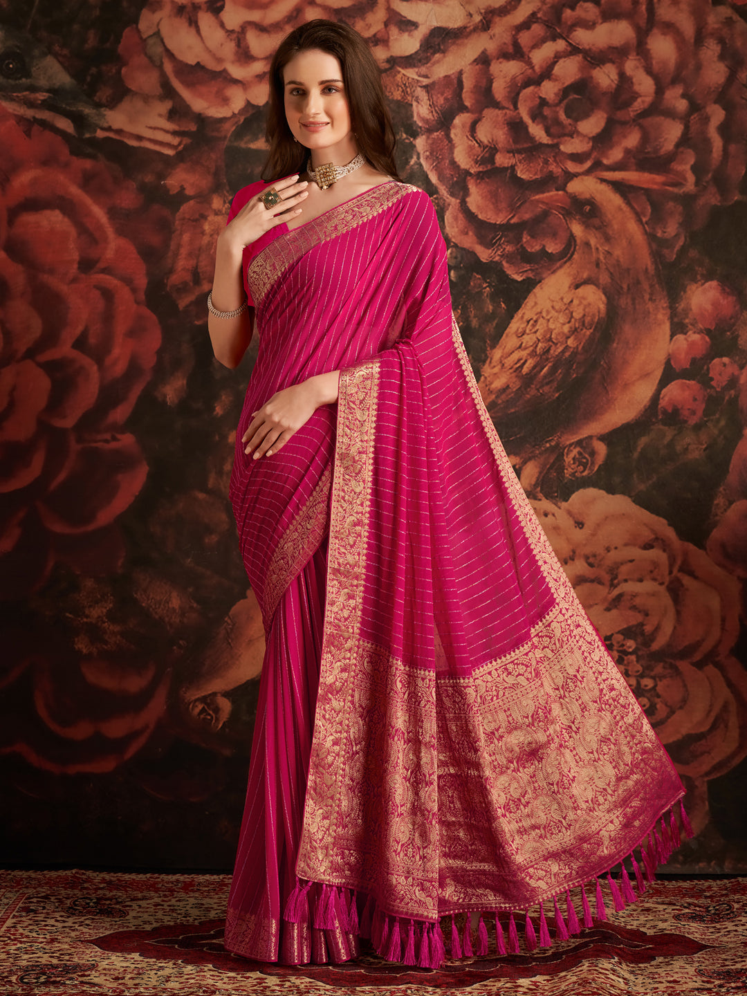 Georgette Pink Woven Design Designer Saree With Blouse
