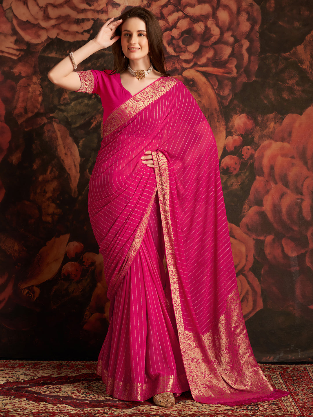 Georgette Pink Woven Design Designer Saree With Blouse