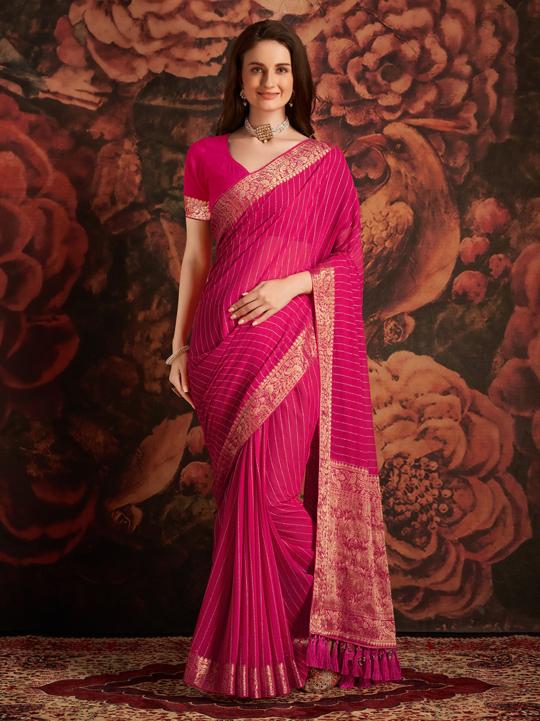 Georgette Pink Woven Design Designer Saree With Blouse